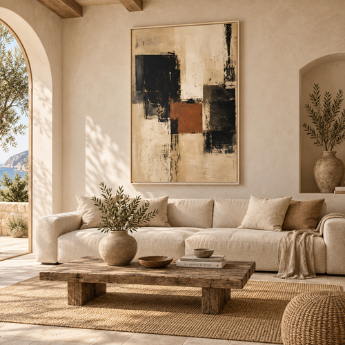 Black Terracotta Framed Canvas Art, Neutral Abstract Painting