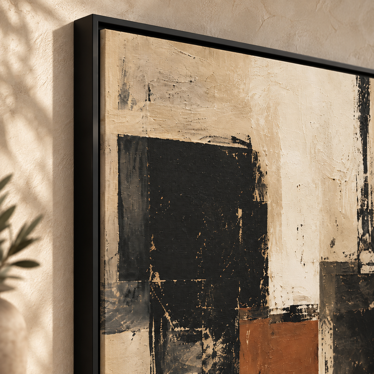 Black Terracotta Framed Canvas Art, Neutral Abstract Painting