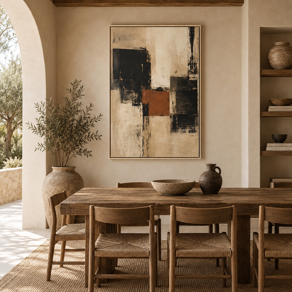 Black Terracotta Framed Canvas Art, Neutral Abstract Painting