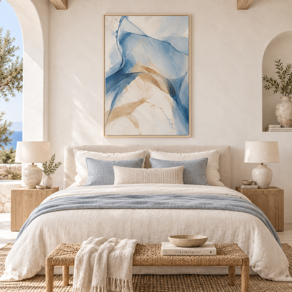 Soft Blue Beige Canvas, Framed Abstract Wall Art