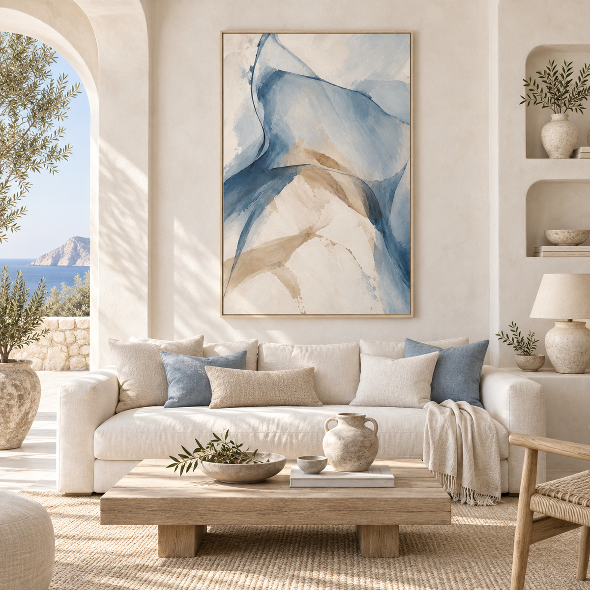 Soft Blue Beige Canvas, Framed Abstract Wall Art