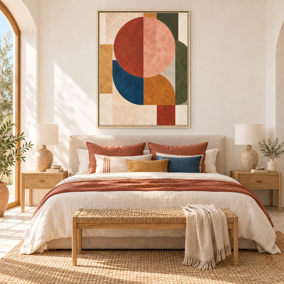Retro Geometric Painting, Olive Blue Terracotta Decor,