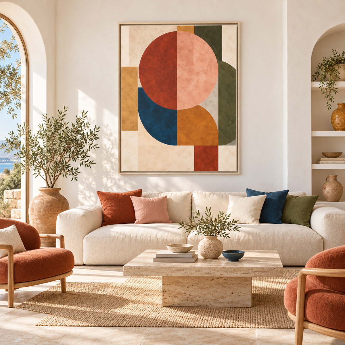 Retro Geometric Painting, Olive Blue Terracotta Decor,