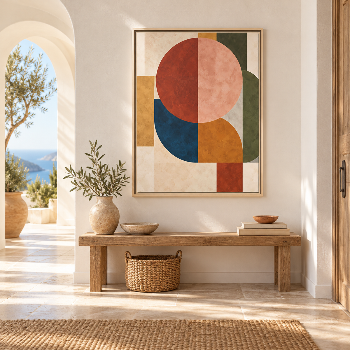 Retro Geometric Painting, Olive Blue Terracotta Decor,